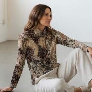 Cache animal artsy pattern knit high neck top size large Brown Gold Long Sleeve